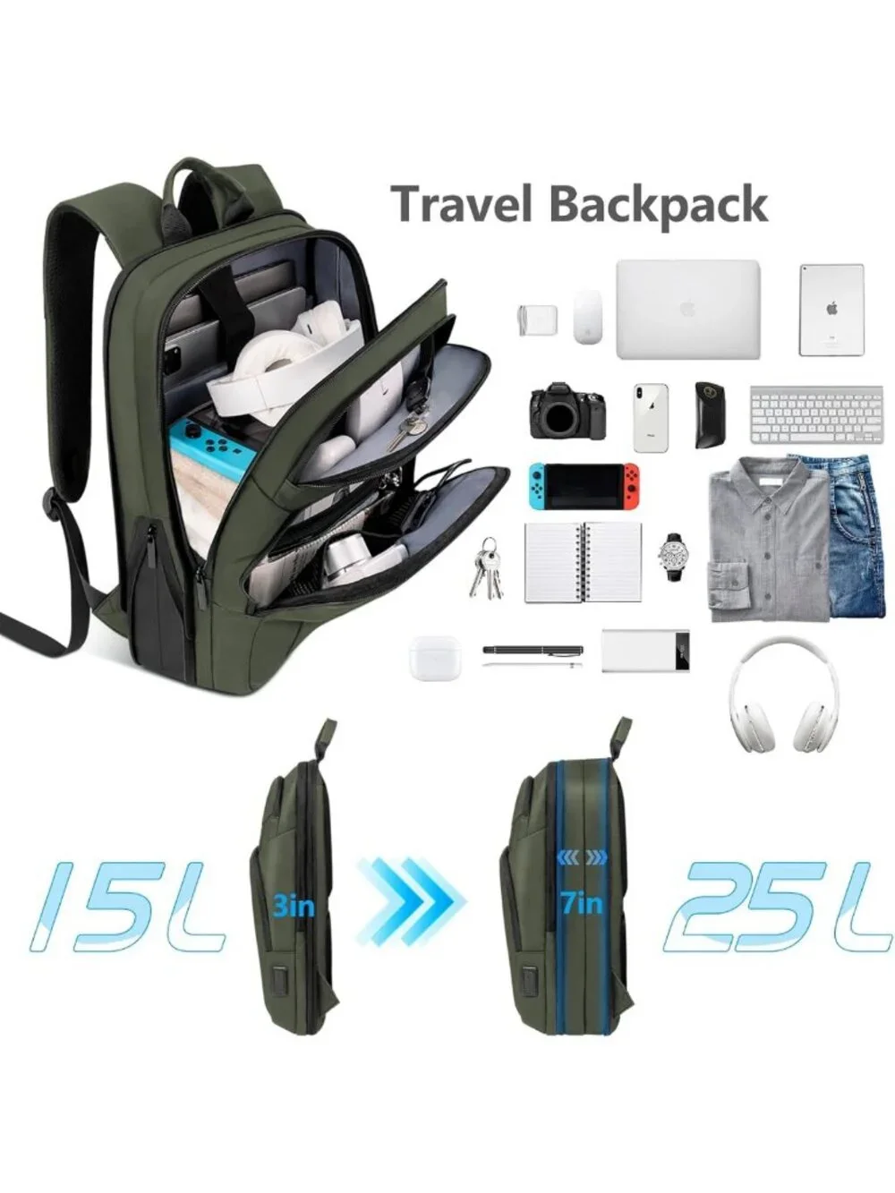 Slim Expandable Travel Laptop Backpack with USB Port, Water Resistant